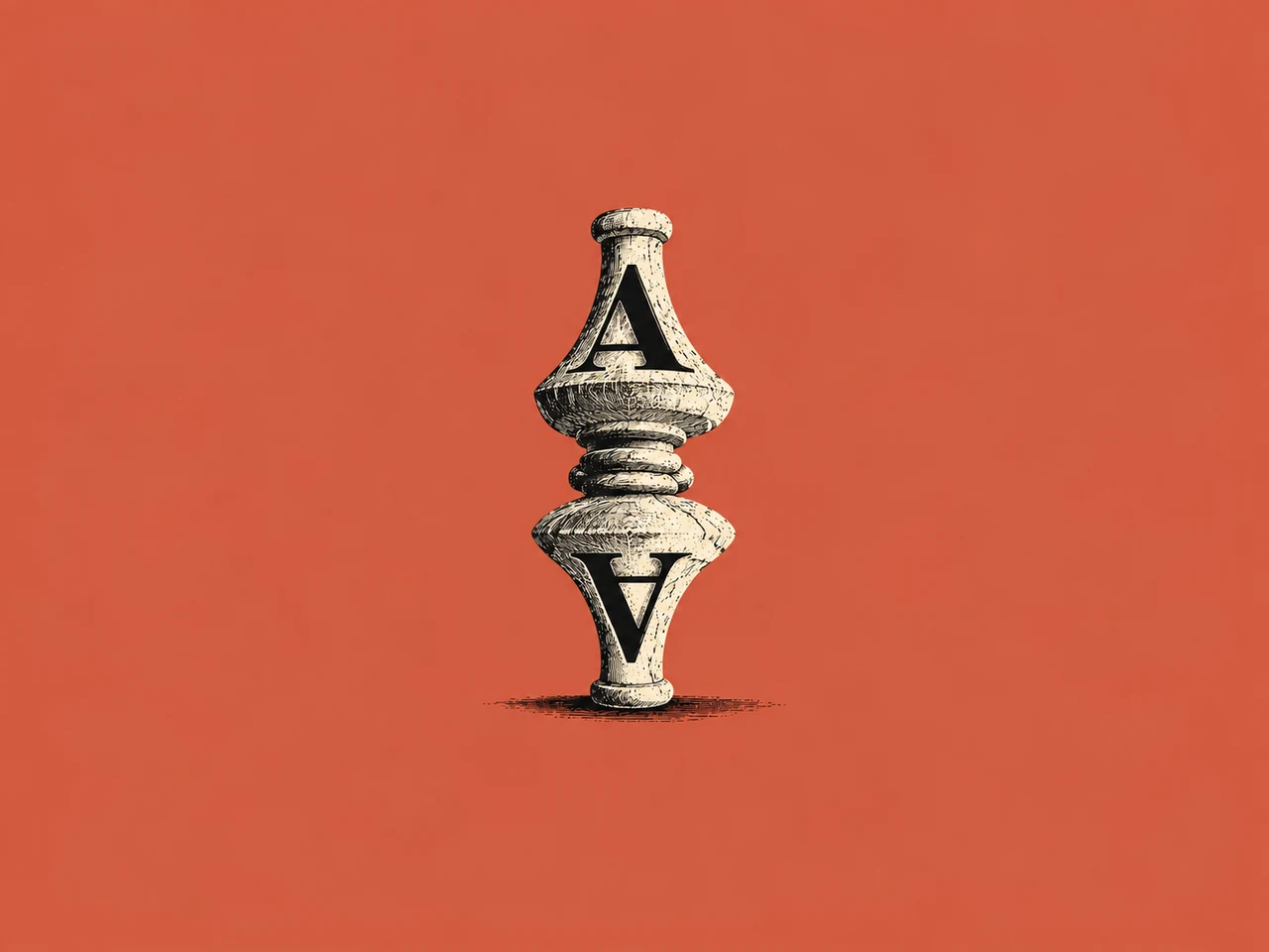 Woodcut-style ambigram showing the letter A upright and inverted on a turned spindle