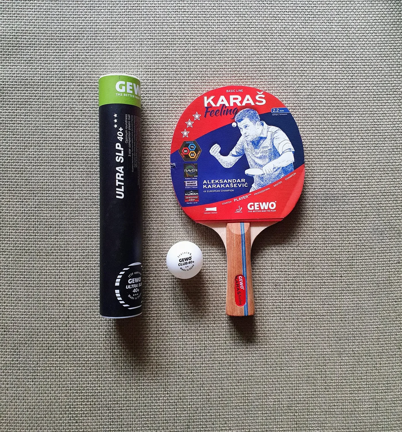 Karakašević table-tennis racket set on a table