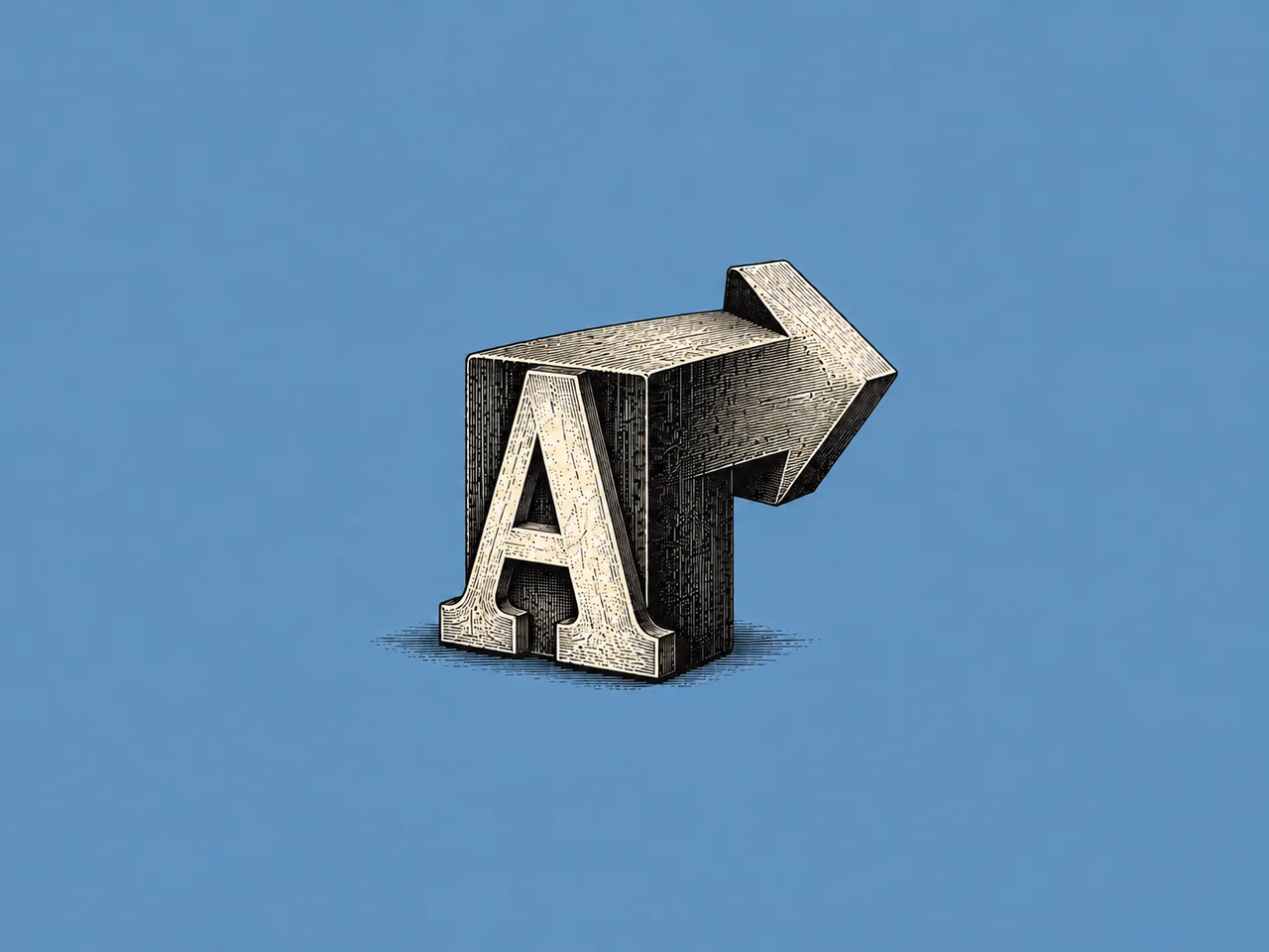 Engraved letter A extending into a directional arrow on a blue background