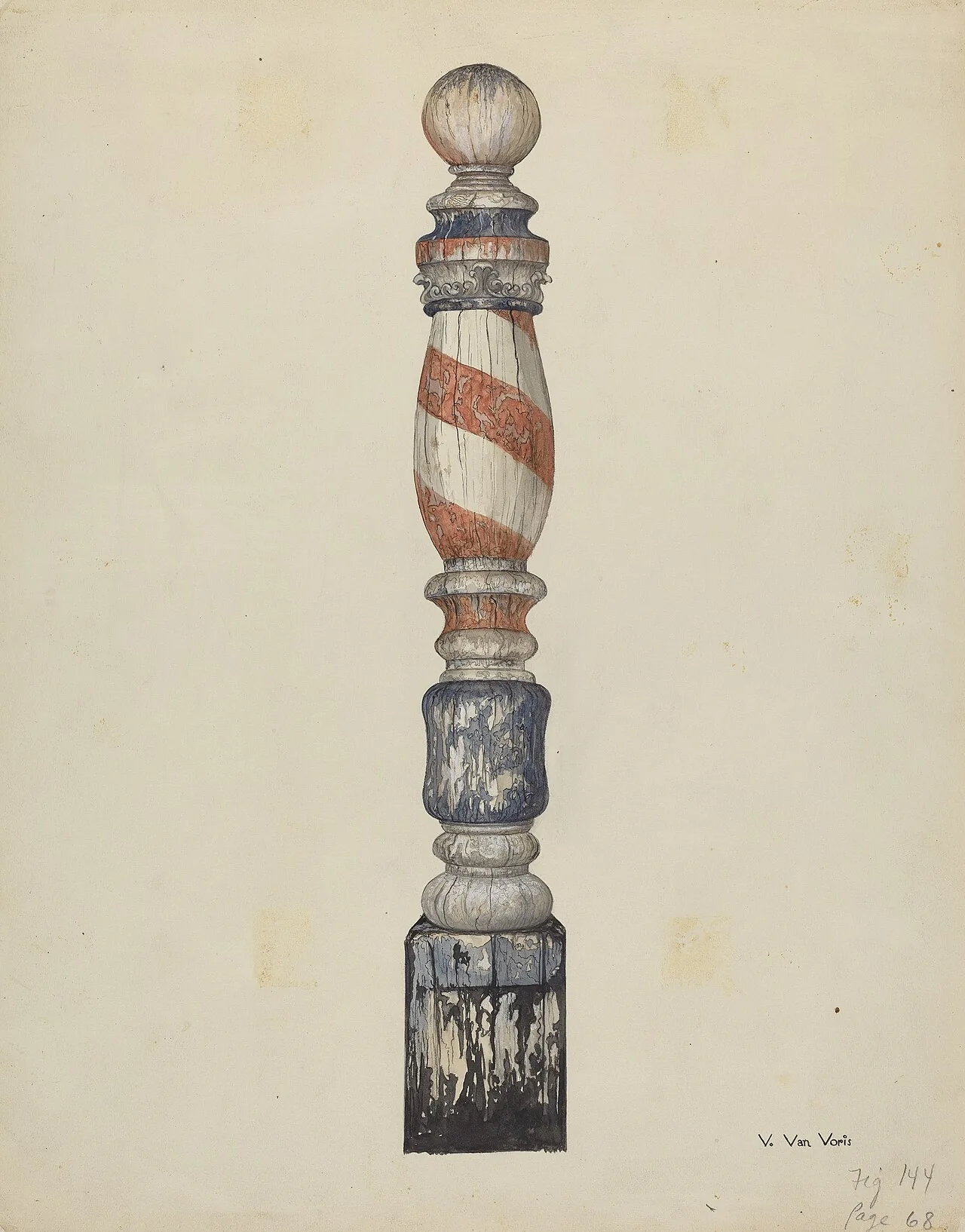 Red-and-white barber pole in a watercolor study by Vera Van Voris
