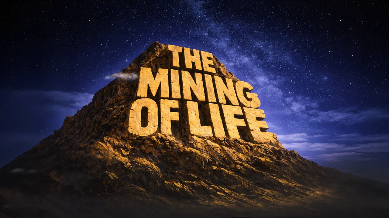 The Mining of Life lecture artwork — mountain landscape with layered geological strata