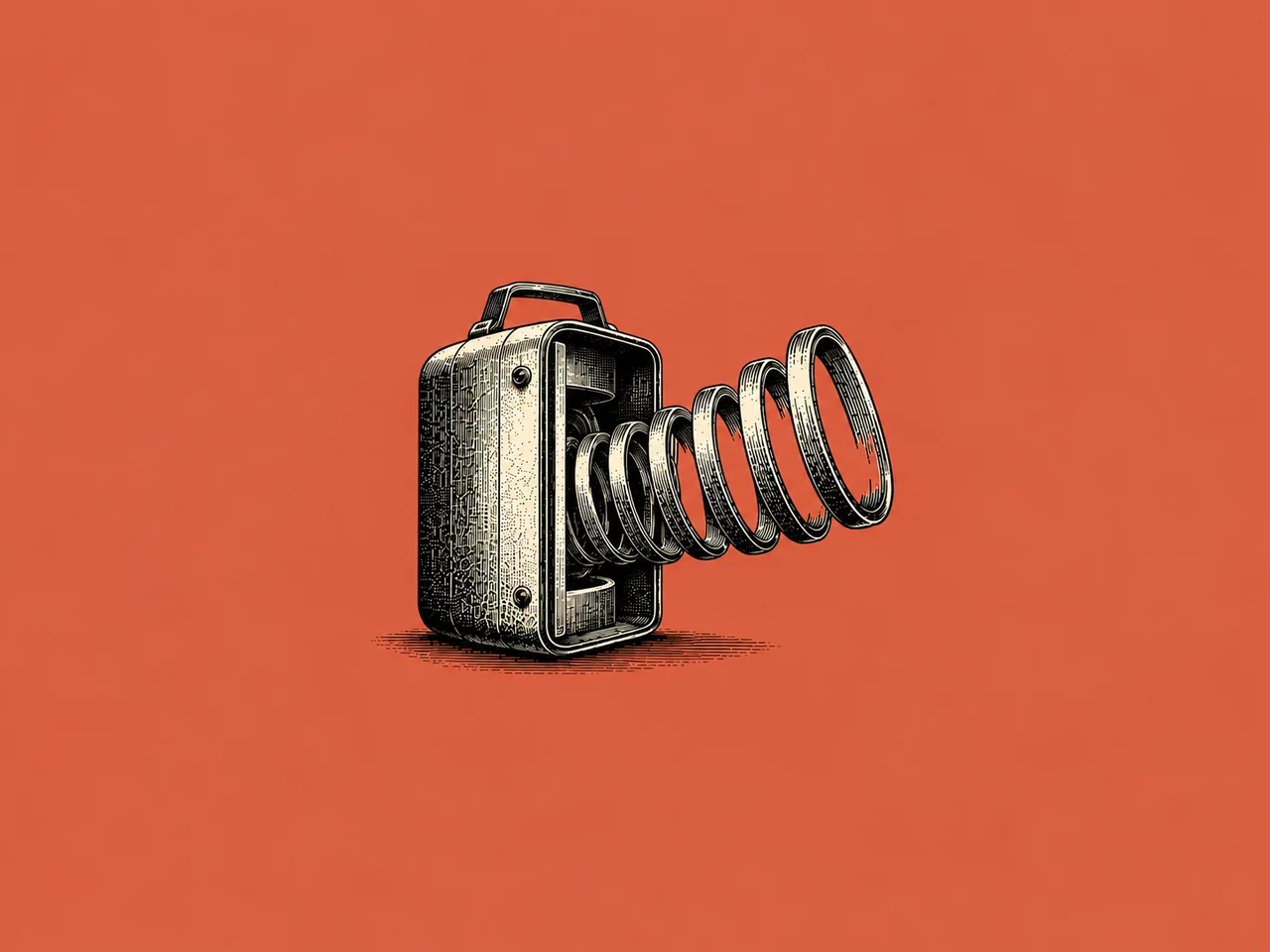 Woodcut-style illustration of a suitcase releasing a stack of concentric rings