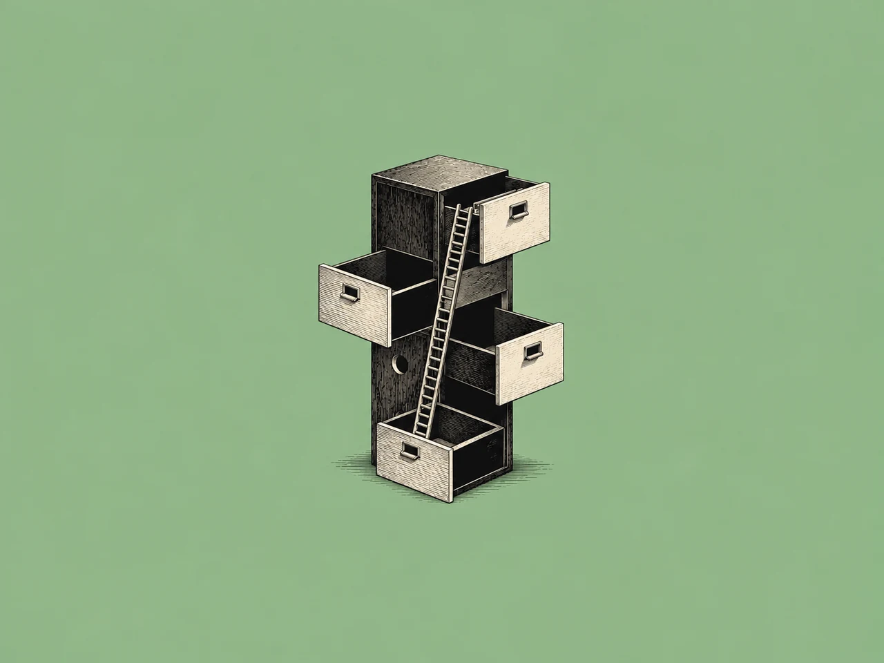 Woodcut-style illustration of a tall chest of drawers with a ladder leaning through open compartments