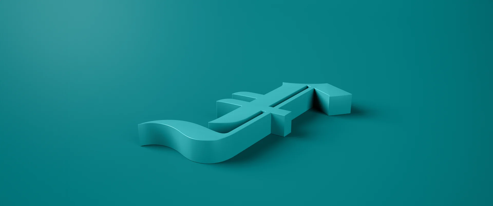 Three-dimensional Ferroque f mark on a wide teal ground