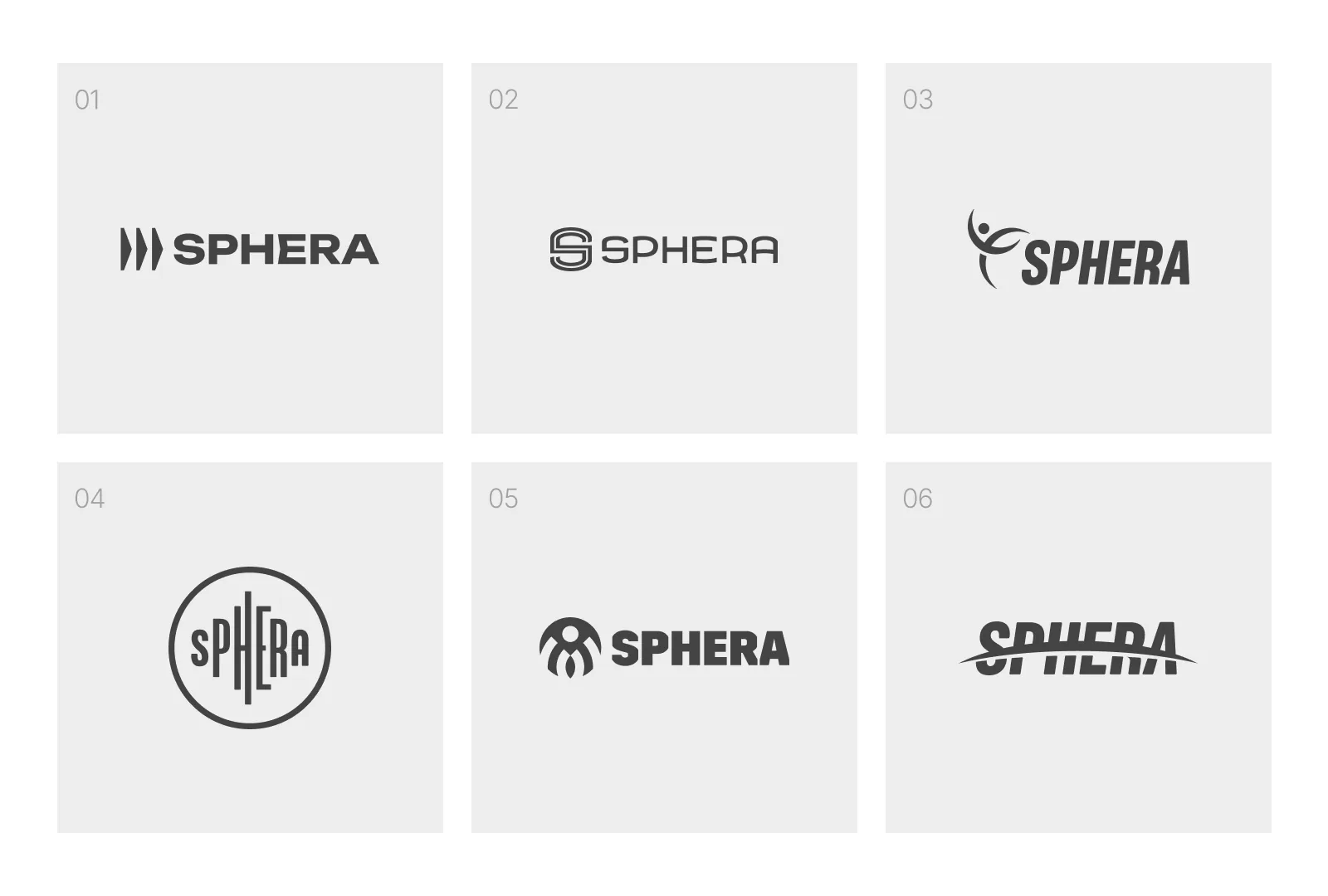 Sphera logo proposals across six identity directions