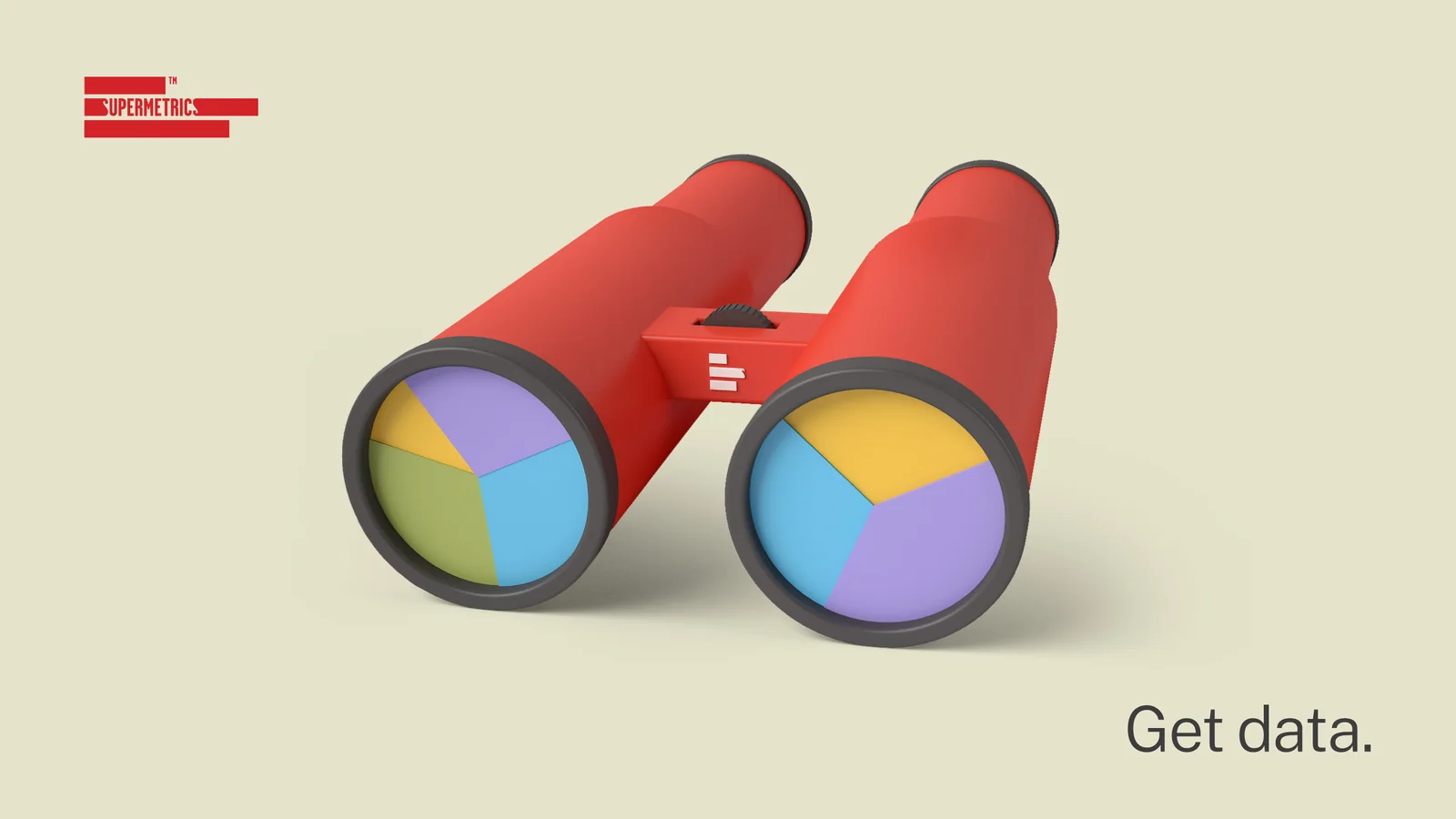 3D red binoculars with pie-chart lenses on a light ground, with the Supermetrics logo and Get data headline