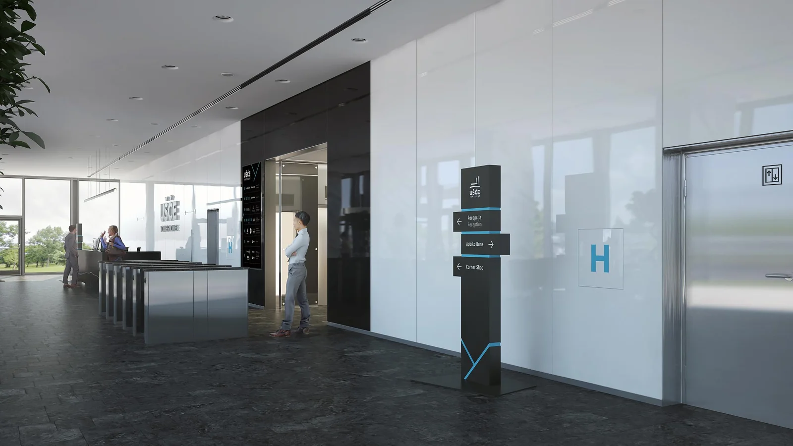 Ušće Tower One lobby with dimensional wall lettering and reception signage