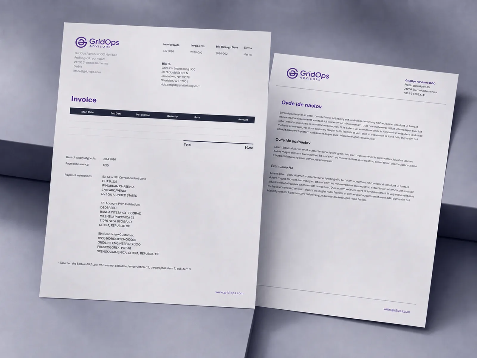 GridOps Advisors: Letterhead and invoice